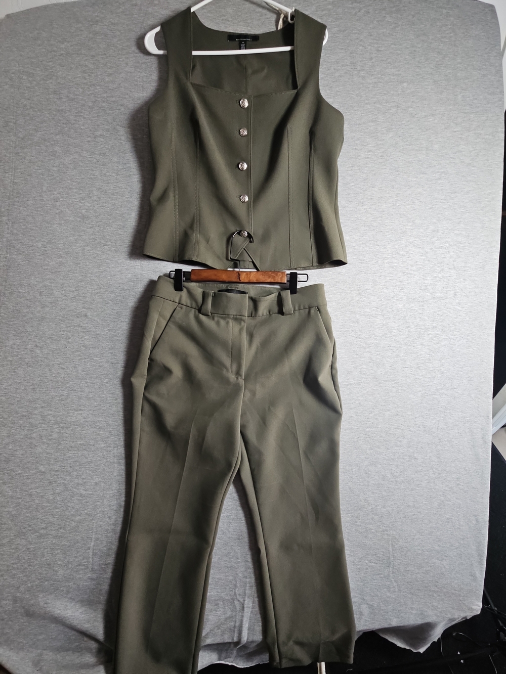 White House Black Market Olive Tailored Two-Piece Corset Top and Pants